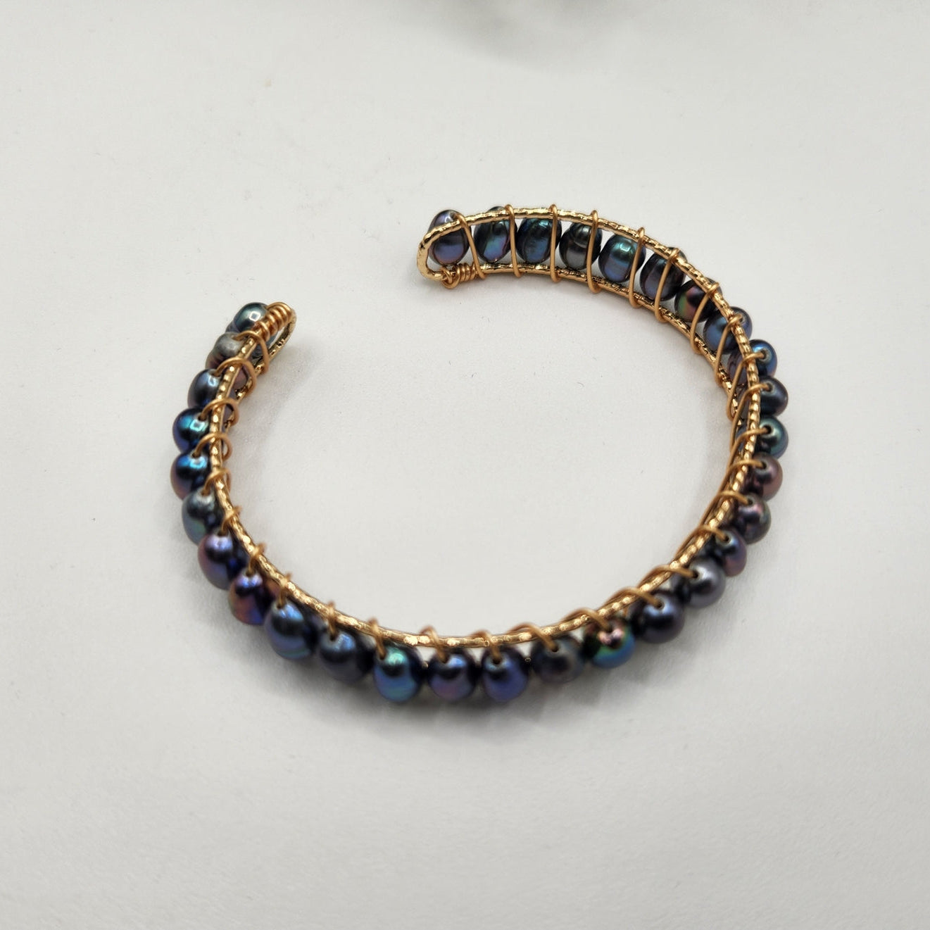 Pearls Peacock Blue Bangle Bracelet 18KT Yellow Gold Overlay Top View