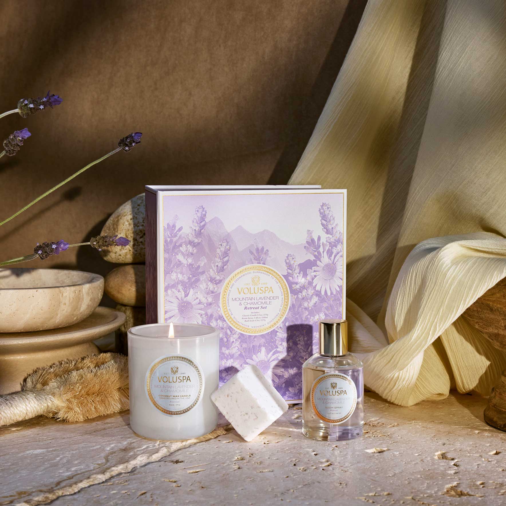 Mountain Lavender and Chamomile Retreat Candle Duo on display