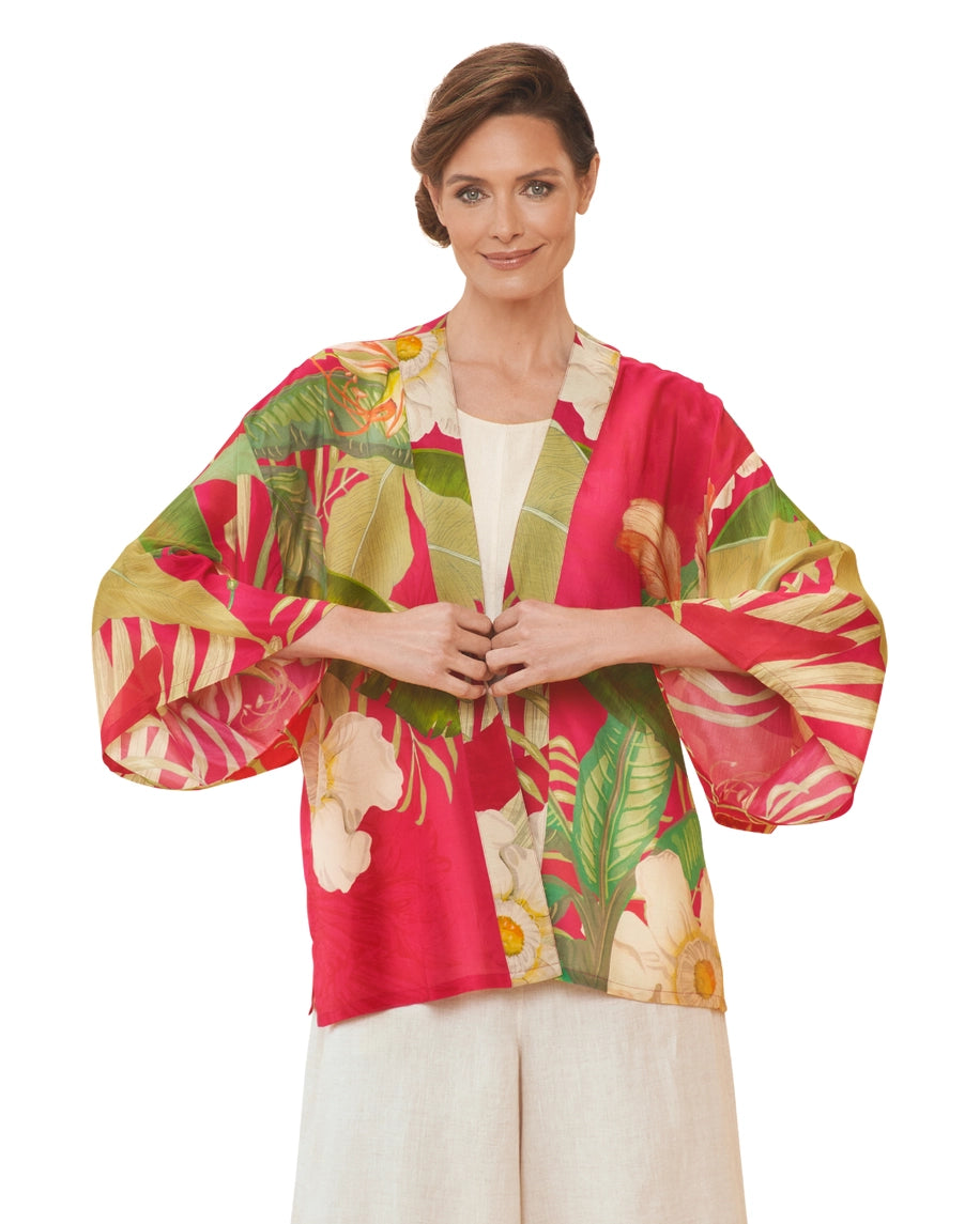 Delicate Tropical in Dark Rose Kimono Jacket Front