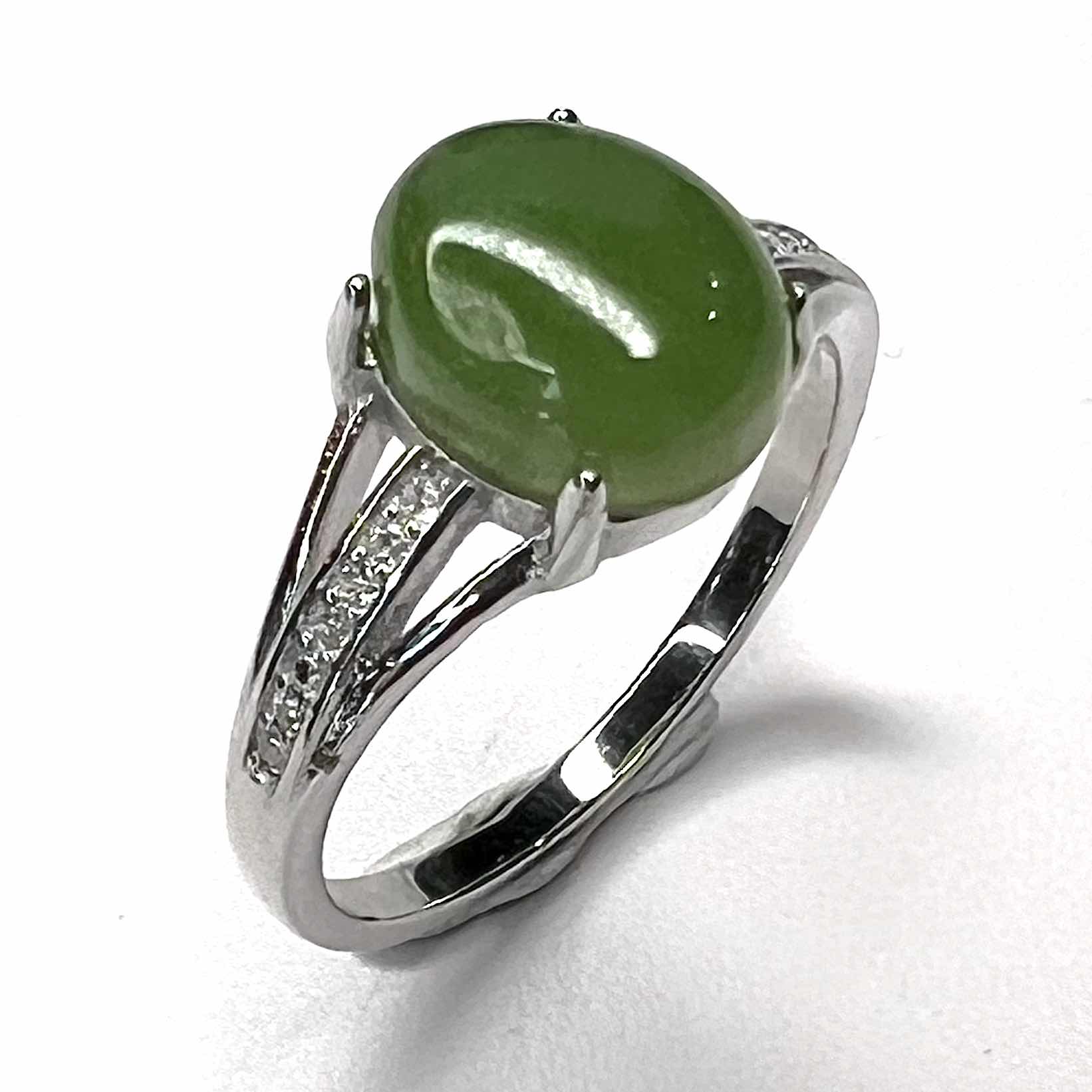 Jade Cabachon and CZ Ring Sterling Silver