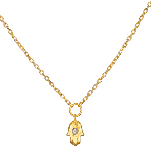 Labradorite Mini Hamsa Pendant Gold Necklace, 18KT Gold Plated Brass, 16"