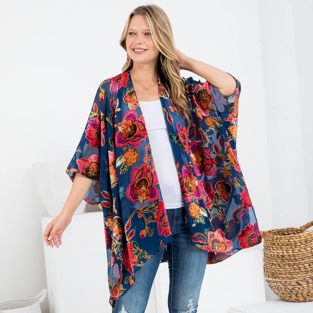 Vintage Floral Print Velvet Kimono-front