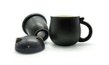 Lucky Cat Mug w/Strainer & Lid - Black Open