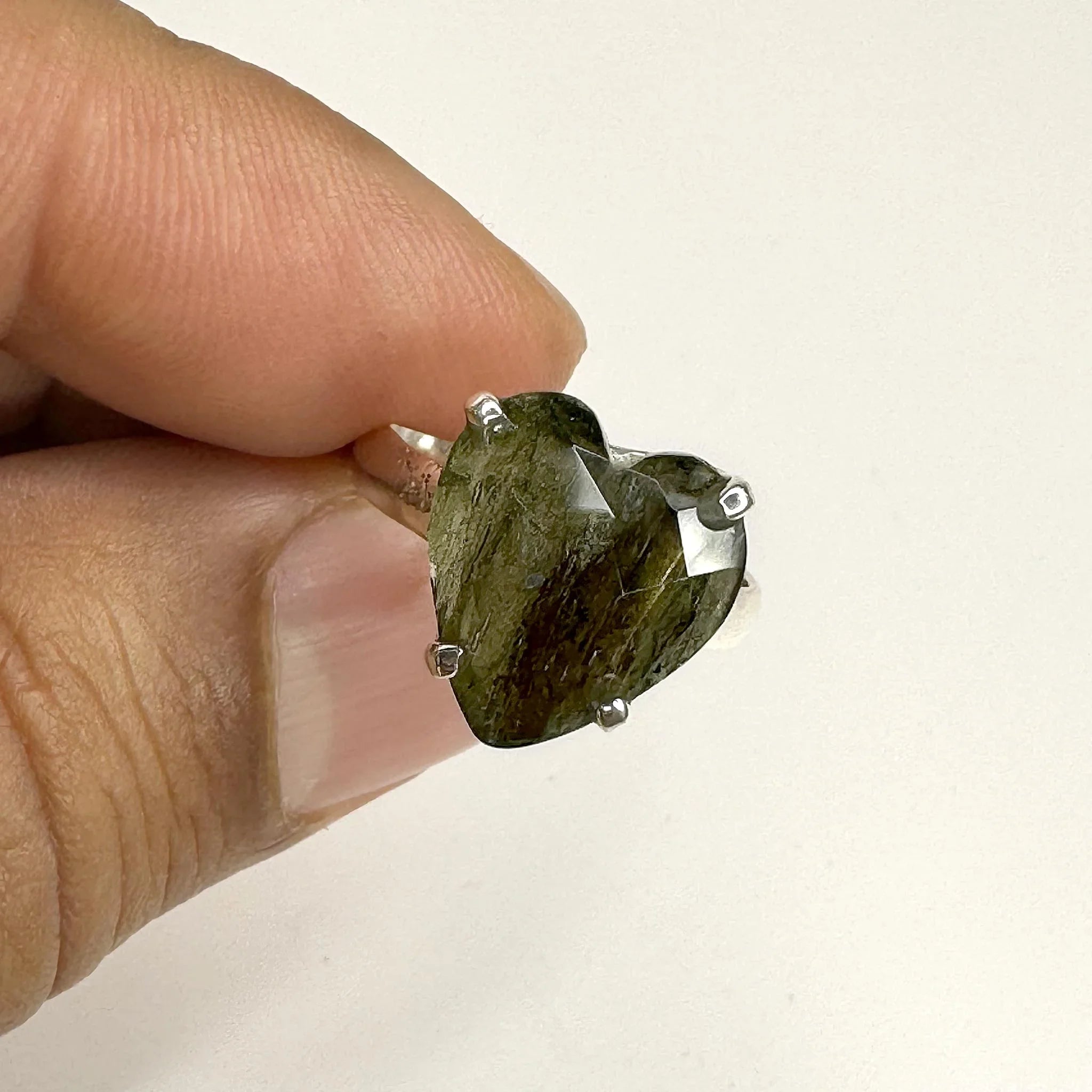 Moldavite Faceted Heart Ring with Sterling Silver