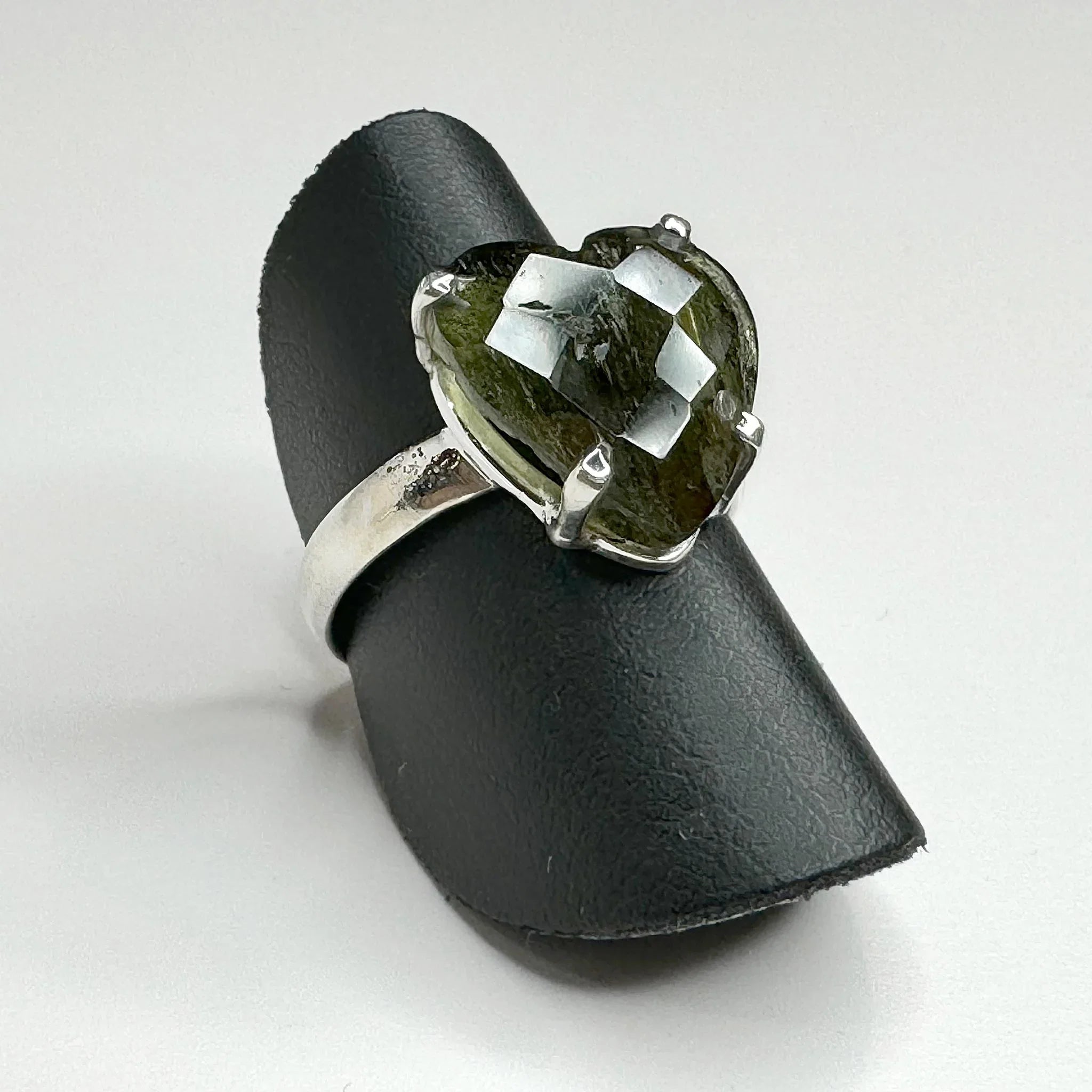 Moldavite Faceted Heart Ring with Sterling Silver left angle