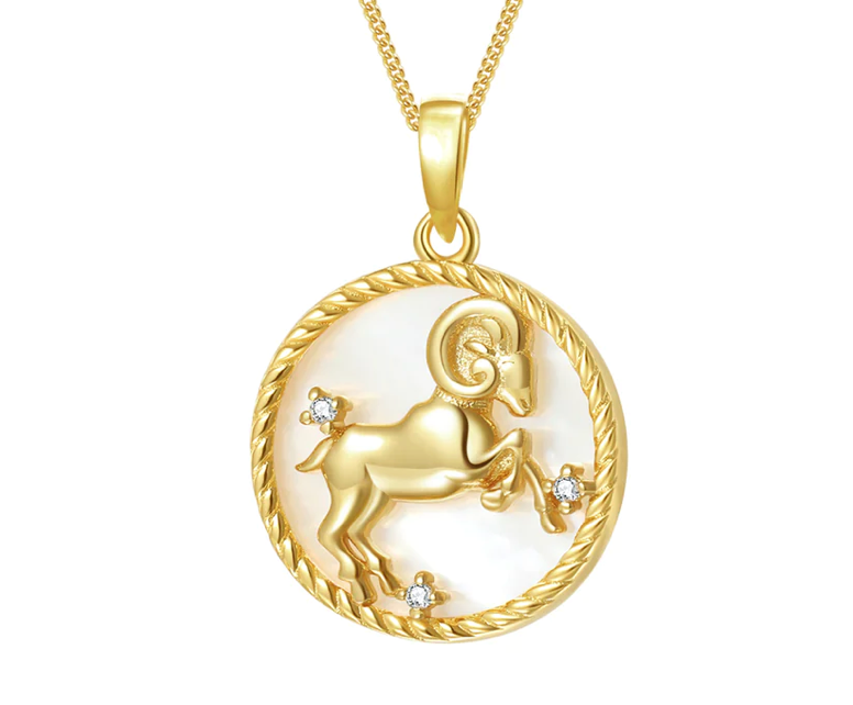  Aries Mother of Pearl Astrological Zodiac Sign Medallion Necklace Detail