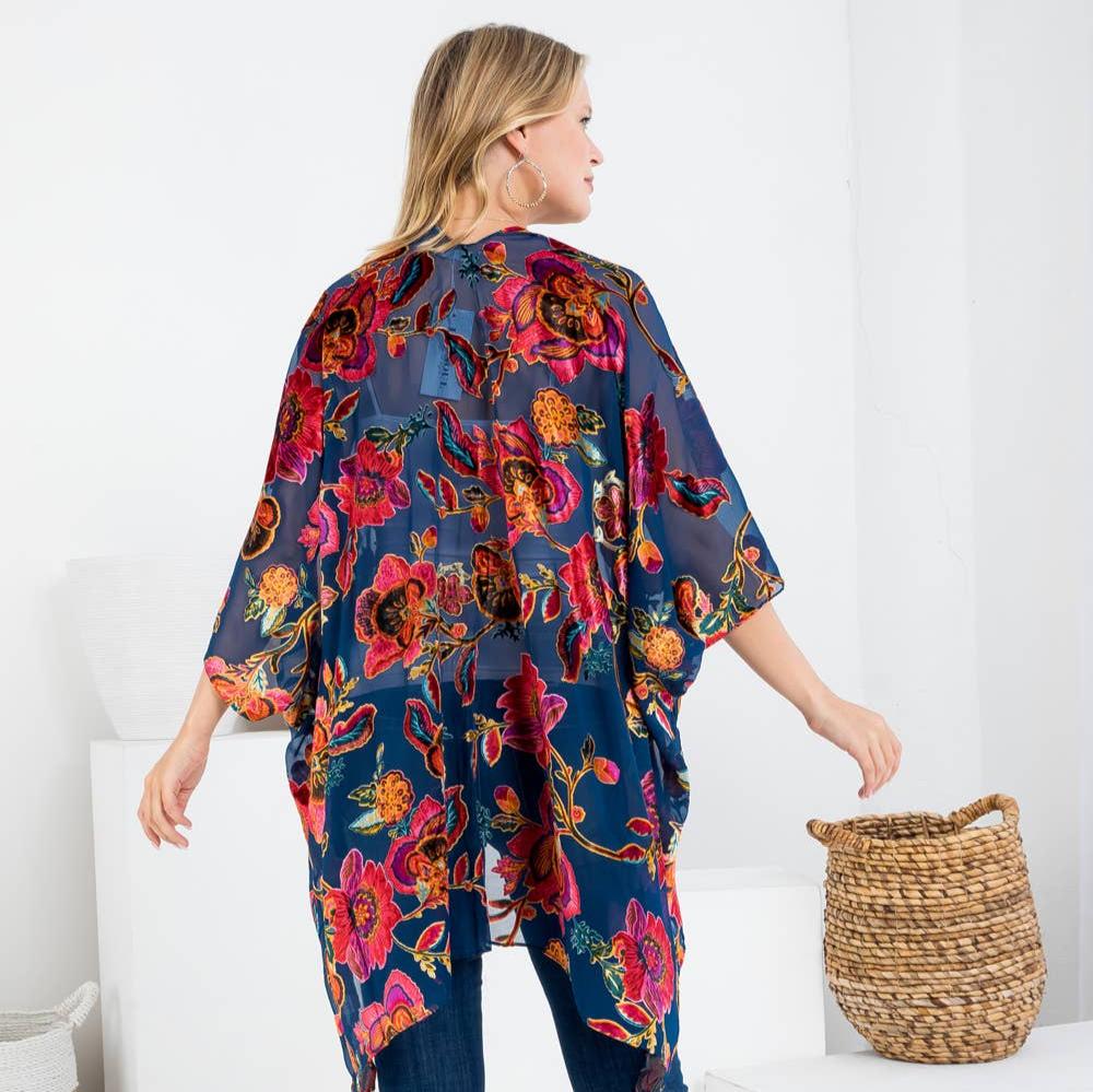 Vintage Floral Print Velvet Kimono-back
