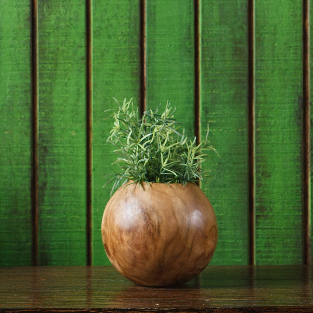 Carved Teak Ball Pot Small