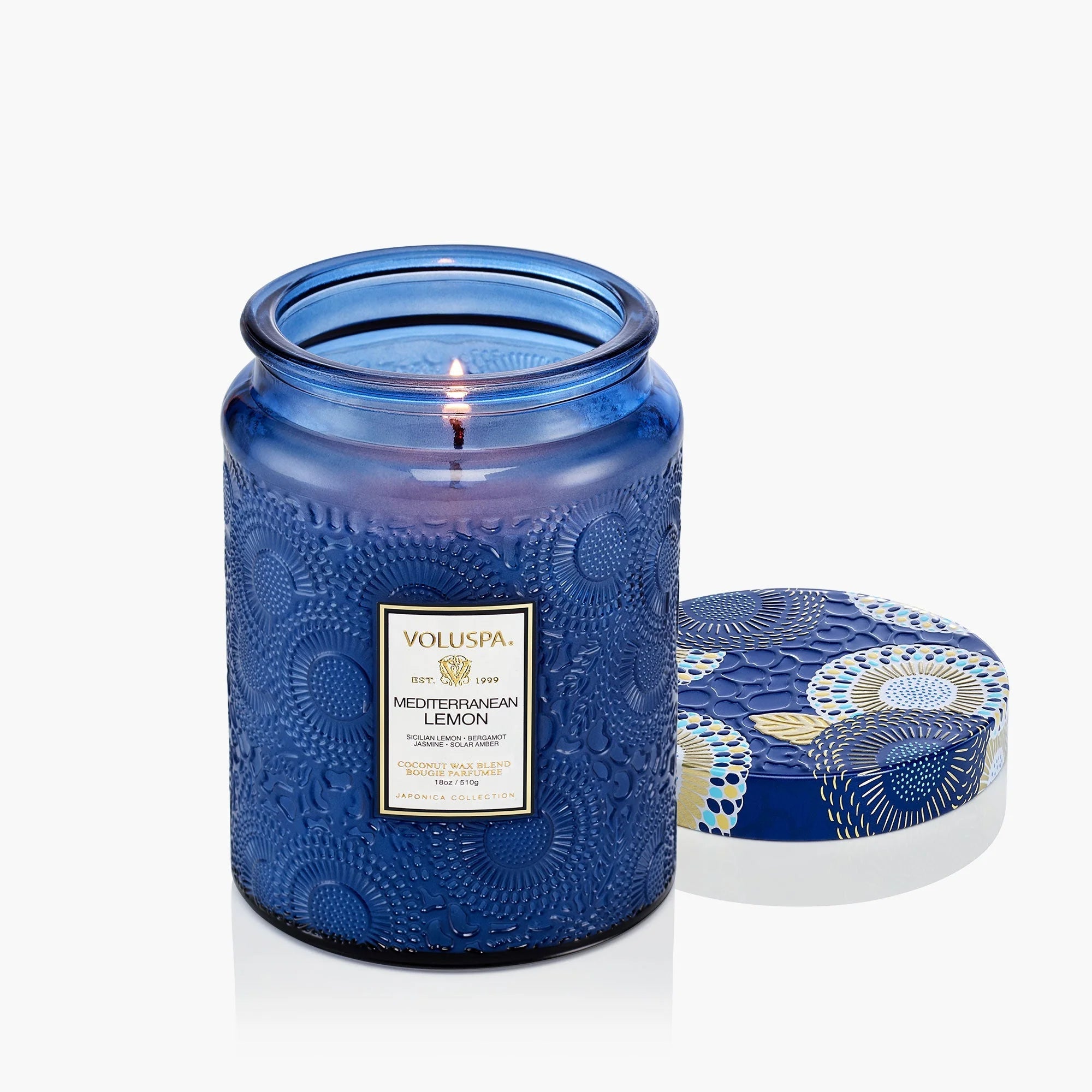 Mediterranean Lemon Large Jar Candle 18 oz open with lid