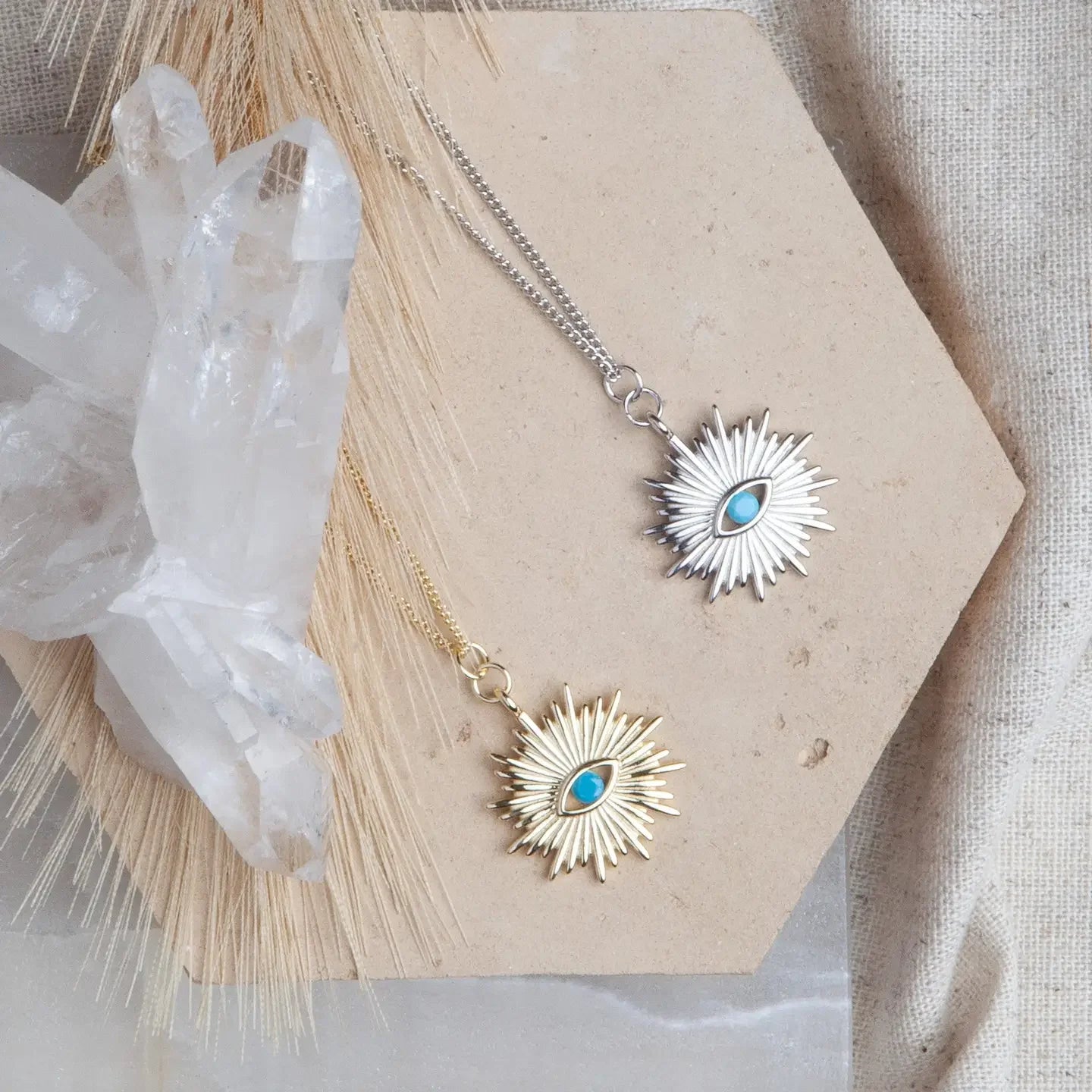 Atlantis Necklace with Turquoise Stone Gold and Silver on Flay Lay