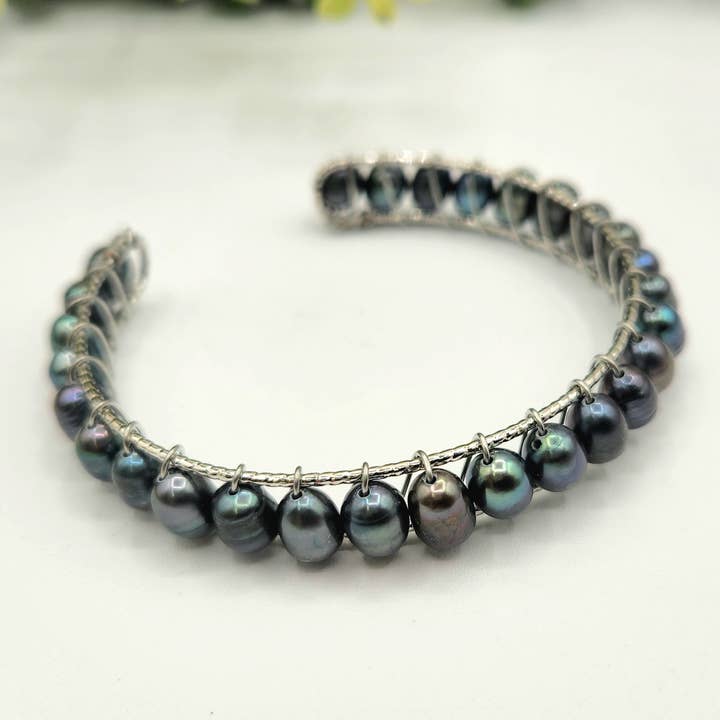 Pearls Peacock Blue Bangle Bracelet 18KT White Gold Overlay Top View
