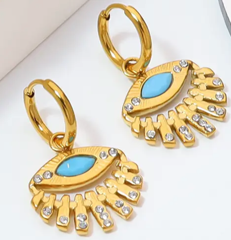 Evil Eye Charm Hoop Earrings Dyed Turquoise Eye