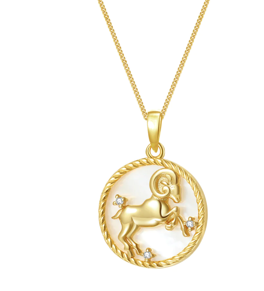 Aries Mother of Pearl Astrological Zodiac Sign Medallion Necklace