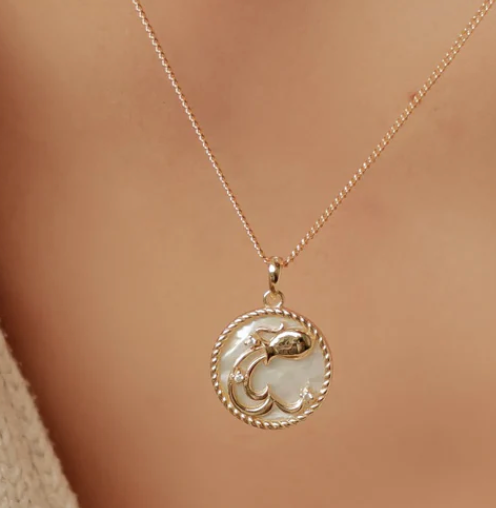 Aquarius Mother of Pearl Zodiac Sign Medallion Necklace on neck