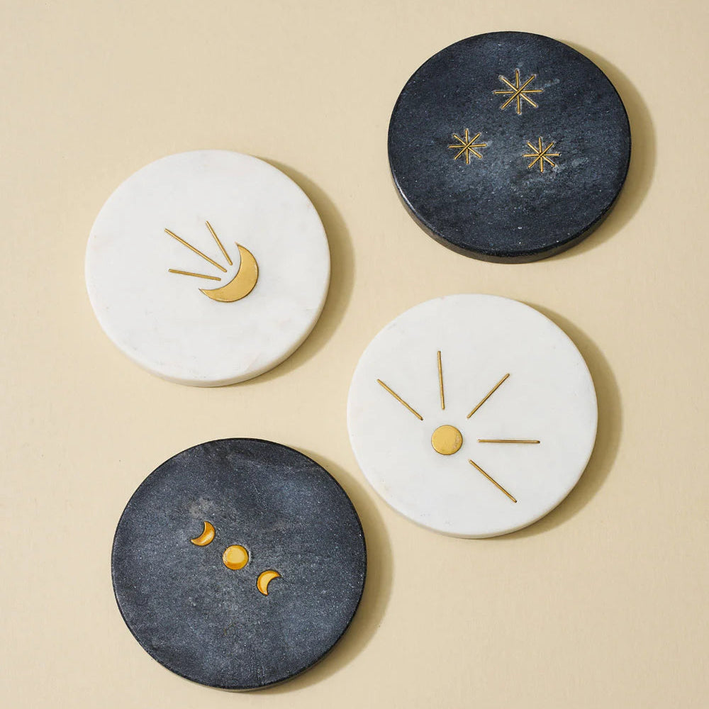 Moon and Stars Black and White Marble Coasters with Gold Etching