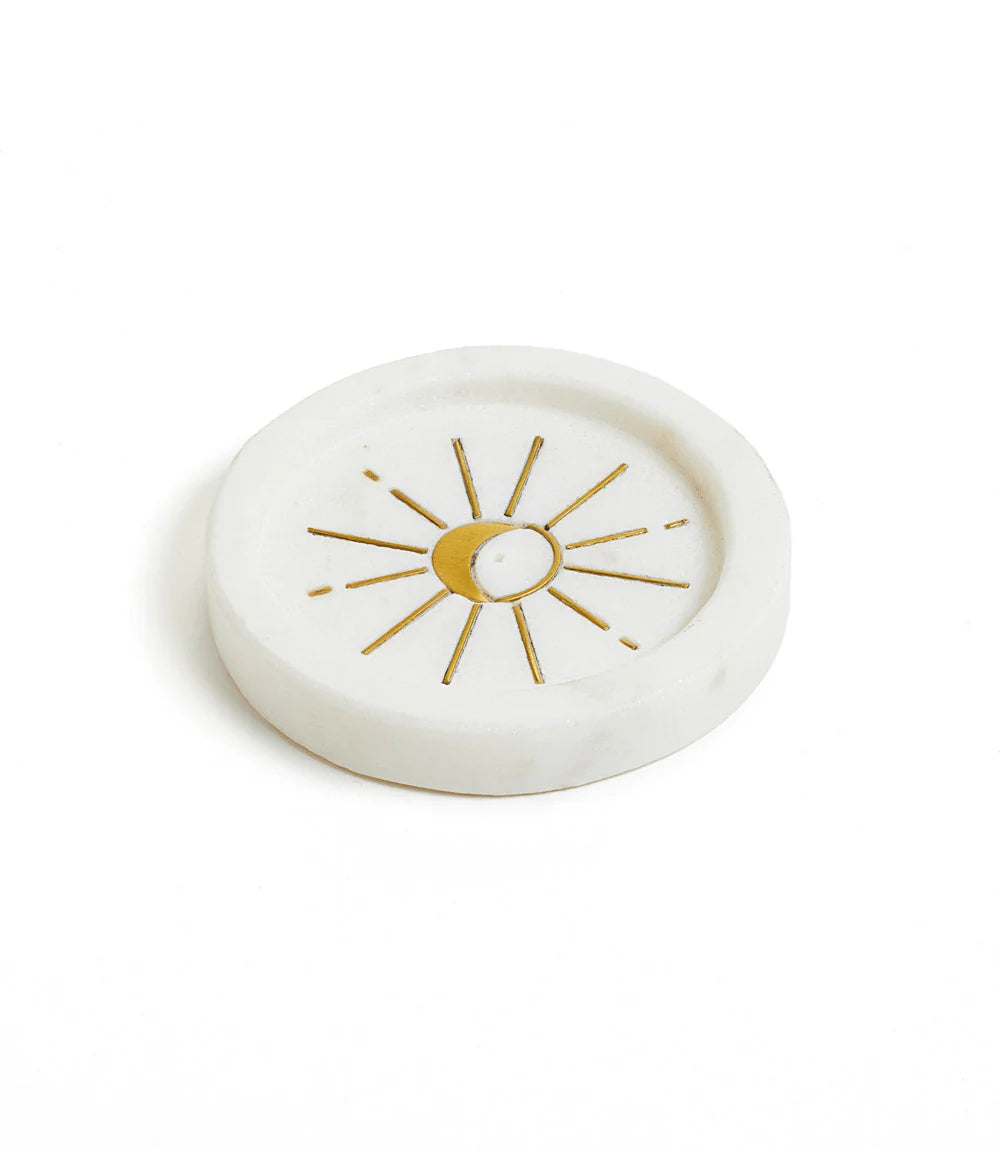 Moon Burst White Marble with gold Etching Incense Holder