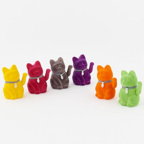 Flocked Waving Maneki Neko Cats in Yellow, Red, Grau, Purple, Orange and Green