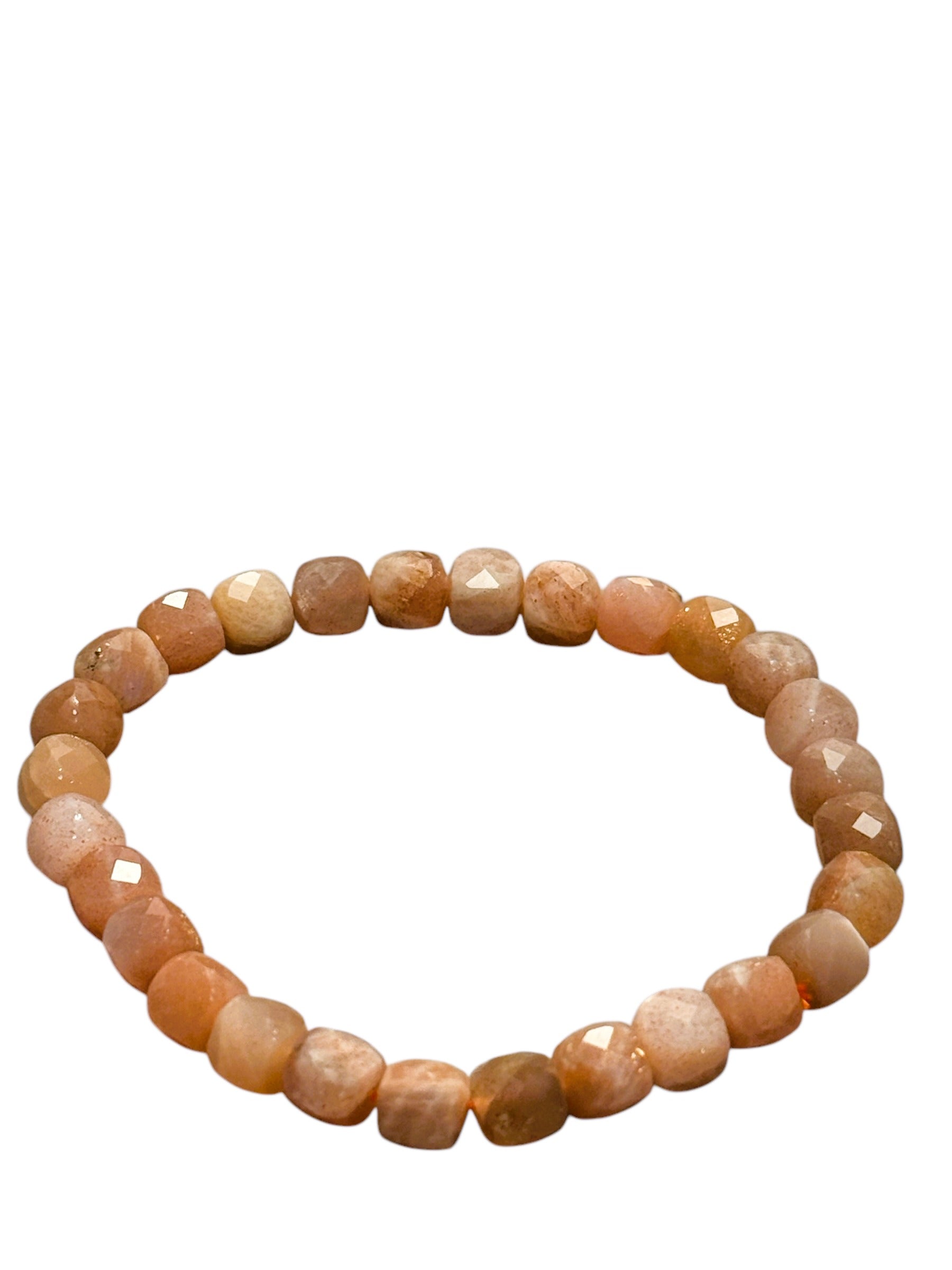 Peach Moonstone 7mm Faceted Cube Stretch Bracelet