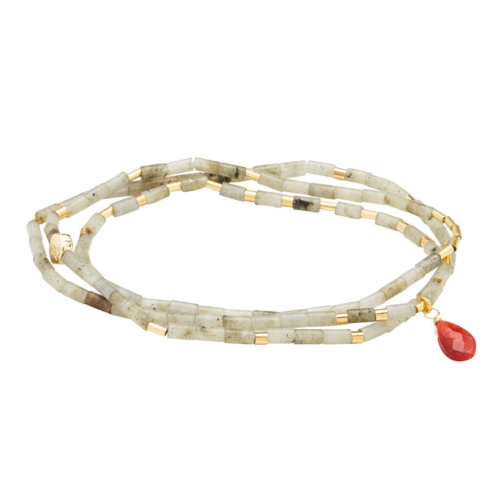 Labradorite Stretch Bracelet with Semi precious gemstones, plated brass, stretch cord