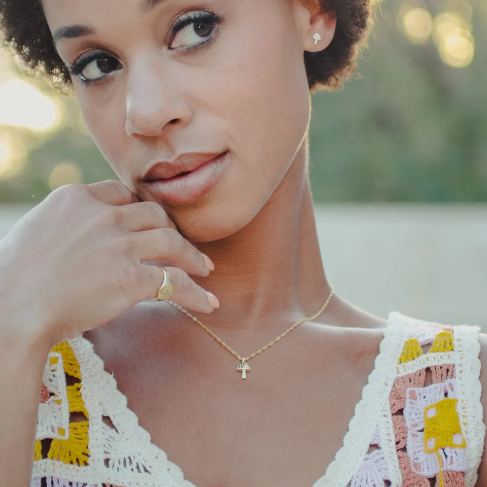 Gold Vermeil Mushroom Charm Necklace With CZ