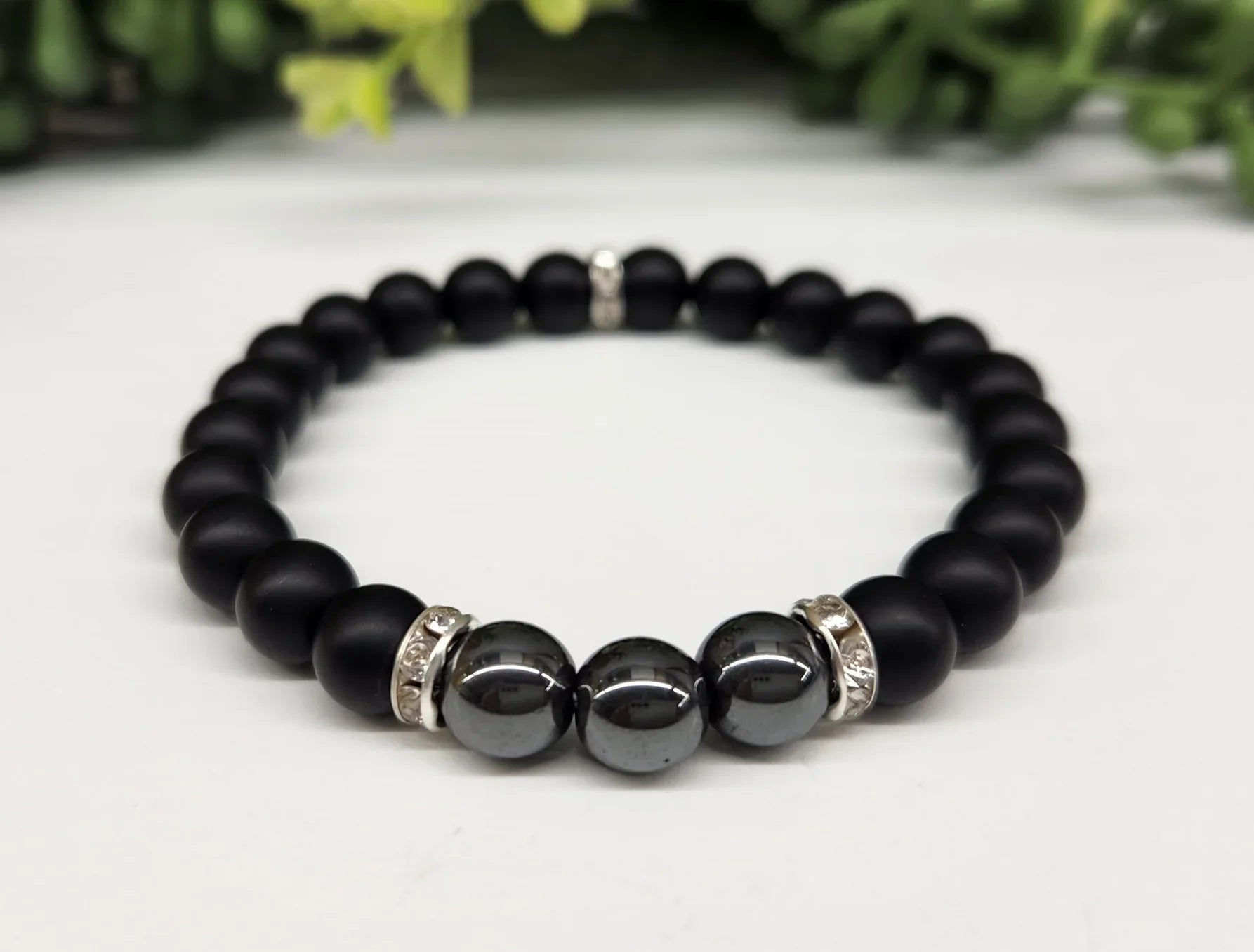Hematite & Obsidian Matte 6mm Smooth Bead Stretch Bracelet Up Close
