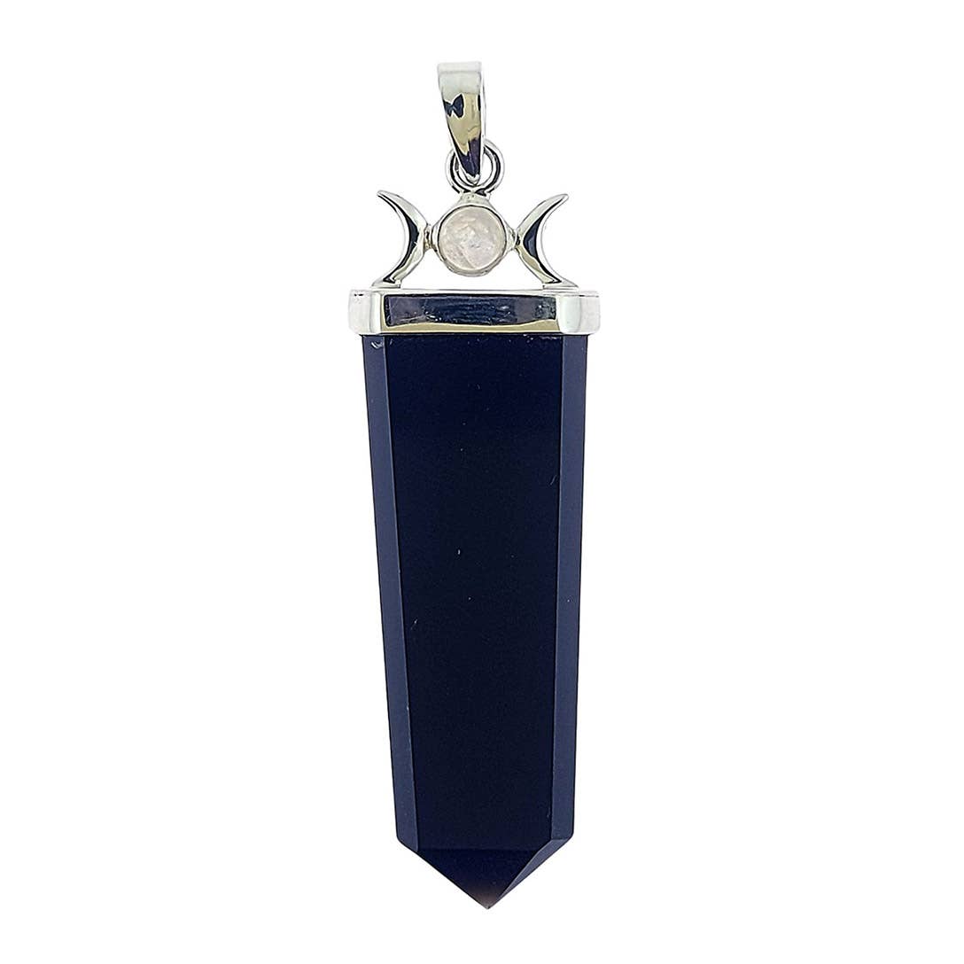 Black Tourmaline and Moonstone Triple Goddess Pendant Sterling Silver