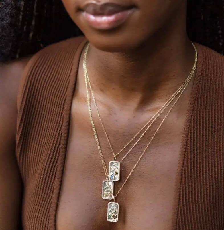 Capricorn Astrological Zodiac Tarot Card Necklace on Model