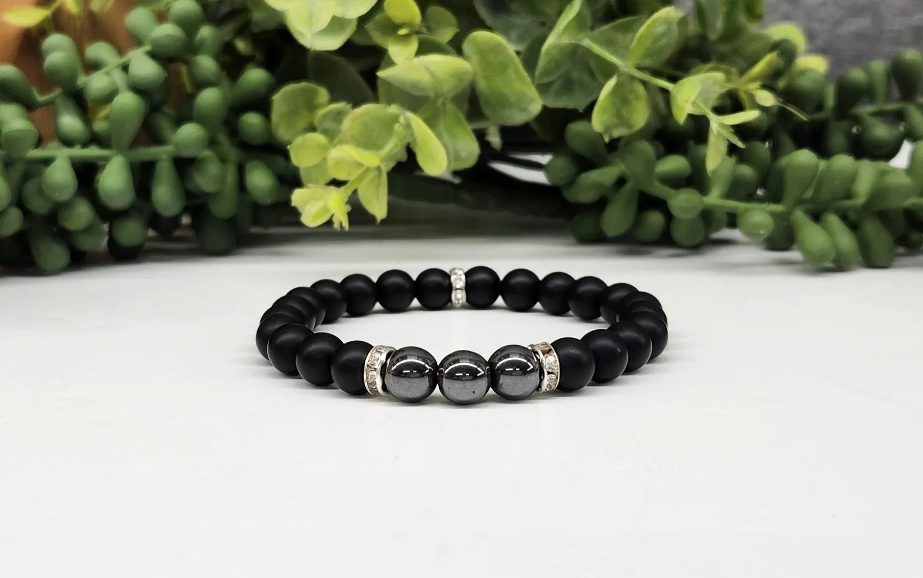 Hematite & Obsidian Matte 6mm Smooth Bead Stretch Bracelet On White