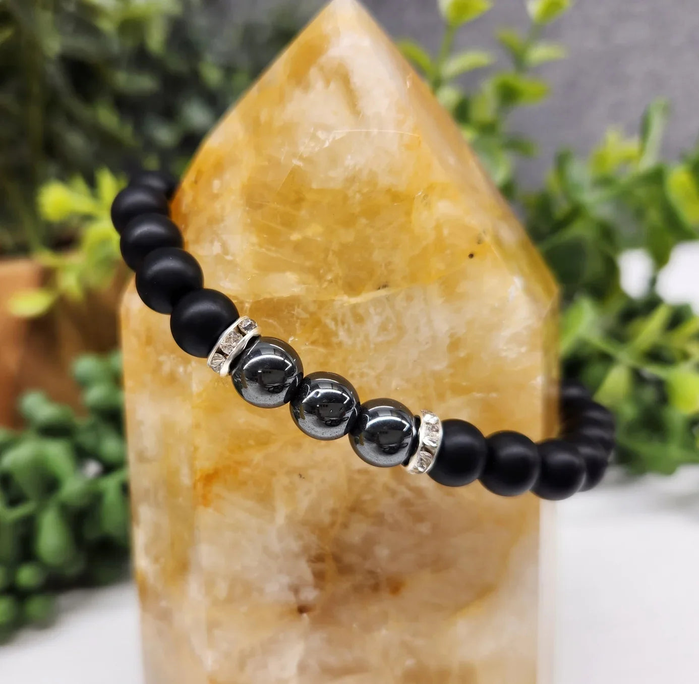 Hematite & Obsidian Matte 8mm Smooth Bead Stretch Bracelet