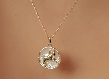 Aries Mother of Pearl Astrological Zodiac Sign Medallion Necklace on Neck
