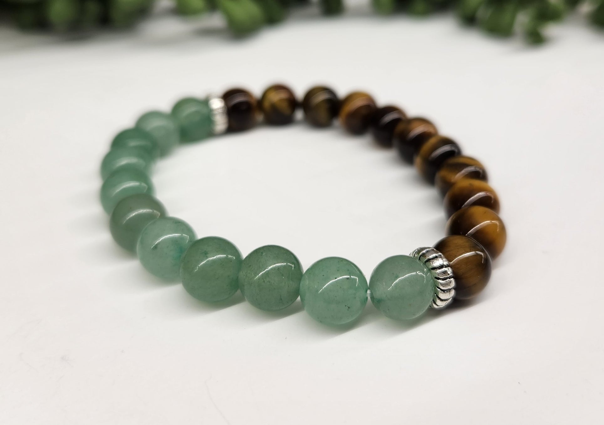Wealth: Green Aventurine & Tiger Eye Bracelet 8mm Beads Details