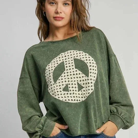 Hunter Green Peace Sign Mineral Wash French Terry Top with Lace Applique Long Sleeve