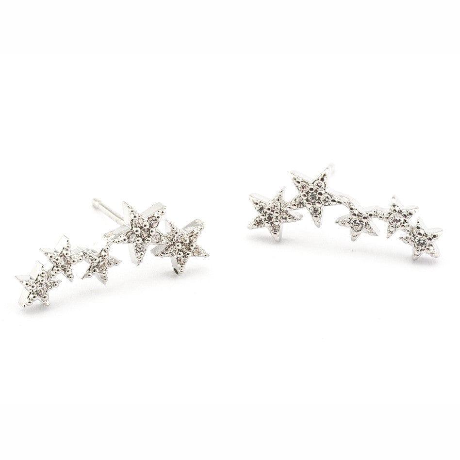 Silver 5 Star CZ Stud Earrings Full View
