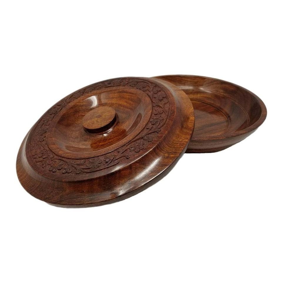 Floral Carved Large Round Wooden Bowl with Lid