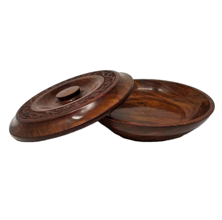 Floral Carved Large Round Wooden Bowl with Lid