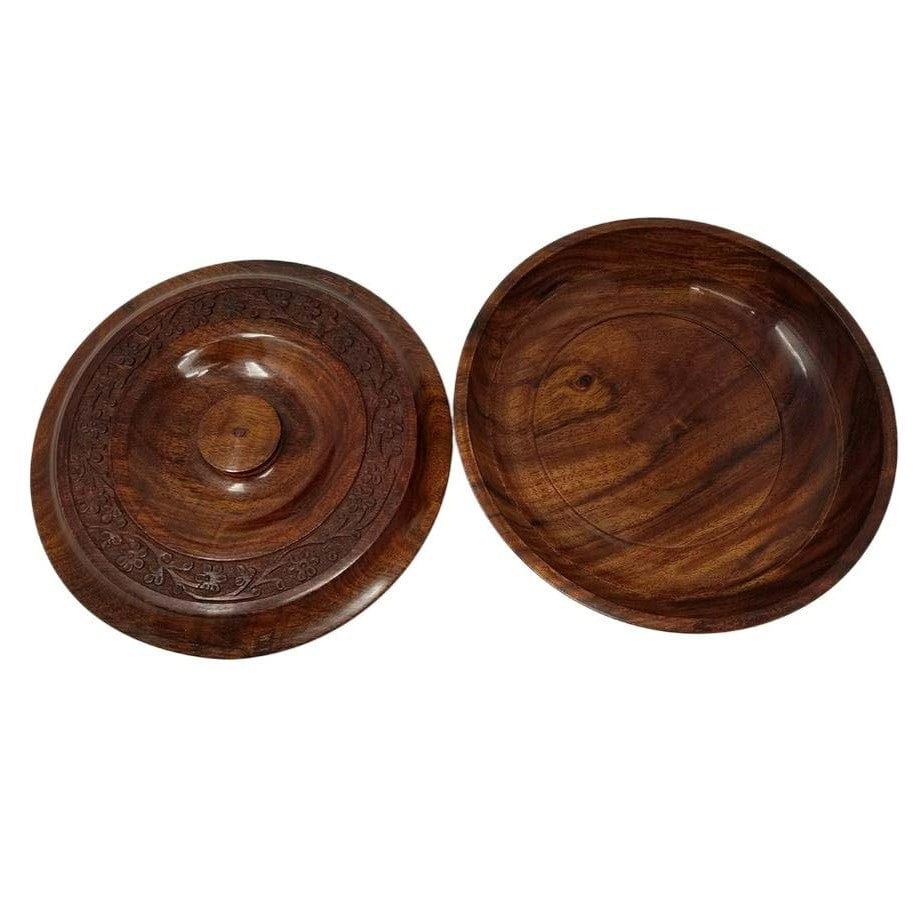 Floral Carved Large Round Wooden Bowl with Lid