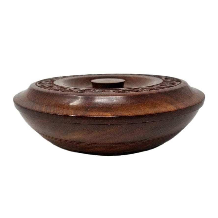 Floral Carved Large Round Wooden Bowl with Lid