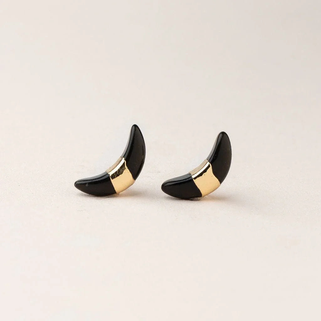 Black Spinel Gold Crescent Moon Earrings